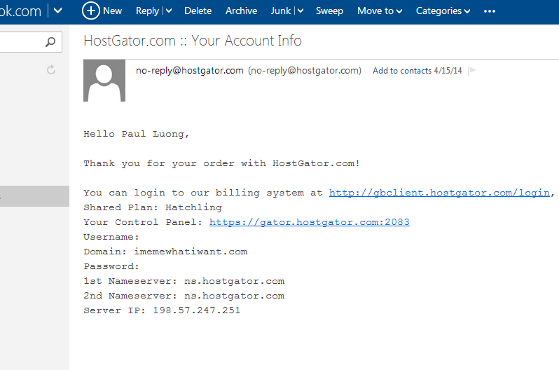 hostgator account info email